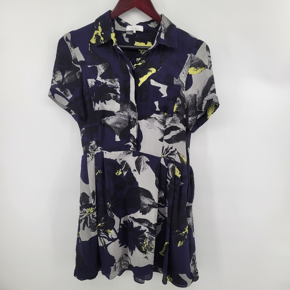 Parker Silk Floral Print Mini Dress Size Small Blue Gray and Yellow